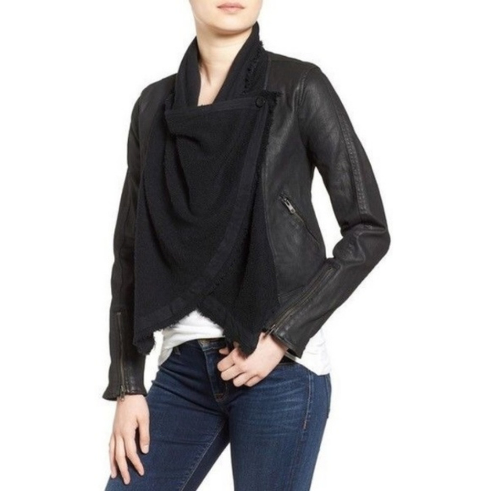 [Free People] Moto style waxed black denim jacket XS